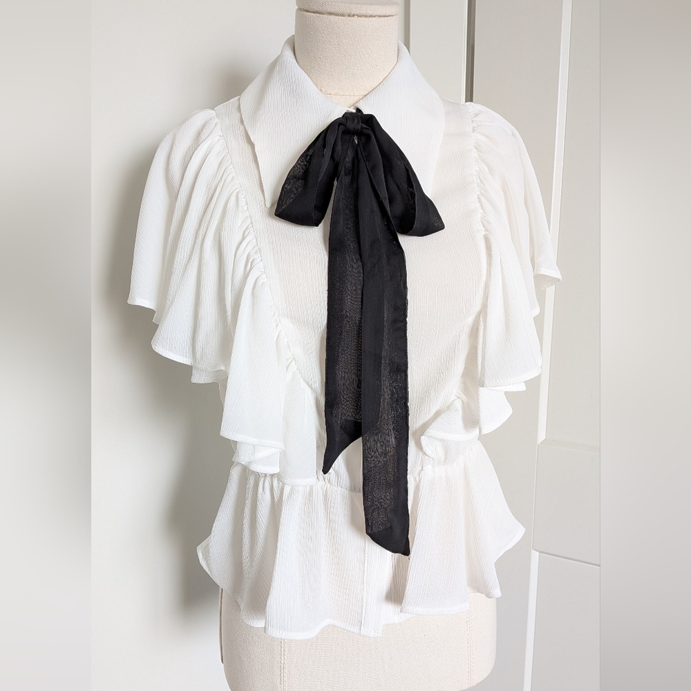 NWT Zara White Button up Ruffle Sleeve Blouse with Black Neck Tie XS - Picture 1 of 8
